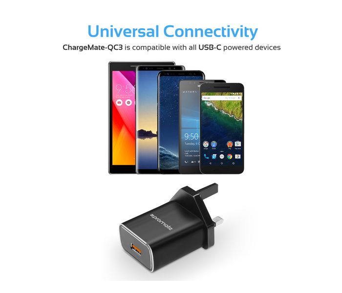 Promate ChargeMate-QC3.UK USB Type C Adaptive Fast Travel Charger Kit with Qualcomm Quick Charge 3.0 Wall Charger, Black - Zoom Image 8