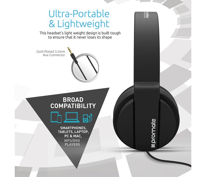 Promate Encore Lightweight Stereo Wired Heaphones with Padded Foldable Headband, Black - Zoom Image 3