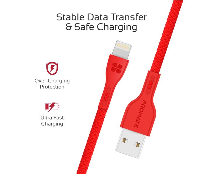 Promate Powerbeam-i Lightning to USB-A Charging Cable - 1.2 Metre, Red - Zoom Image 4