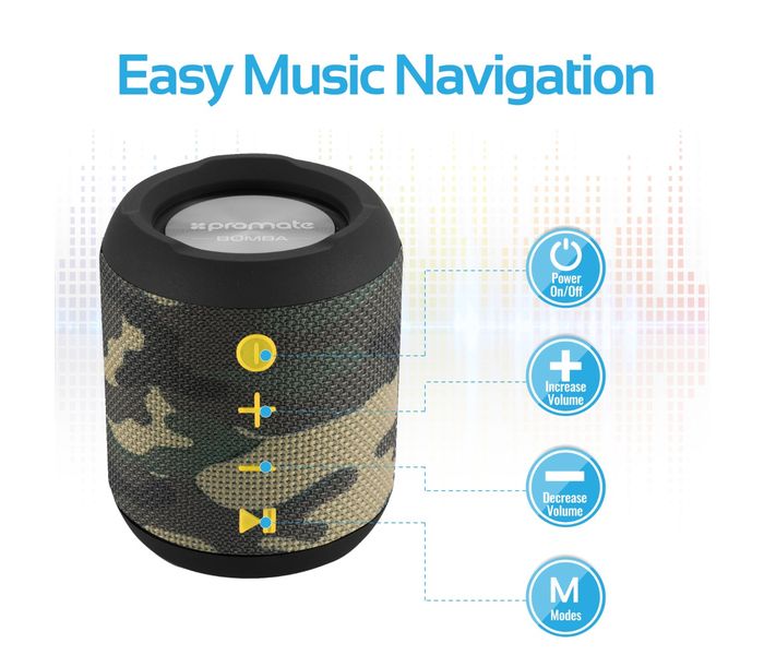 Promate Bomba Portable Wireless Speaker with Handsfree for Outdoor & Indoor - Camouflage - Zoom Image 1