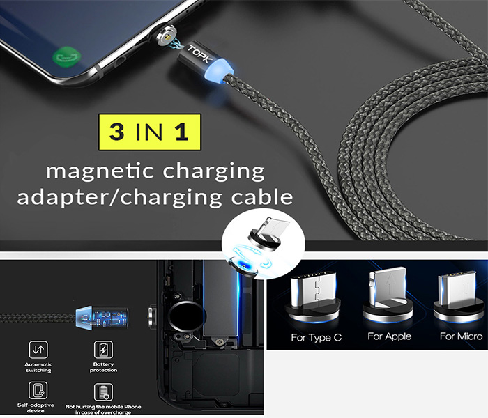 CA-11 3 in 1 Magnetic Charging Adapter Charging Cable For Android & iOS - Black - Zoom Image 1