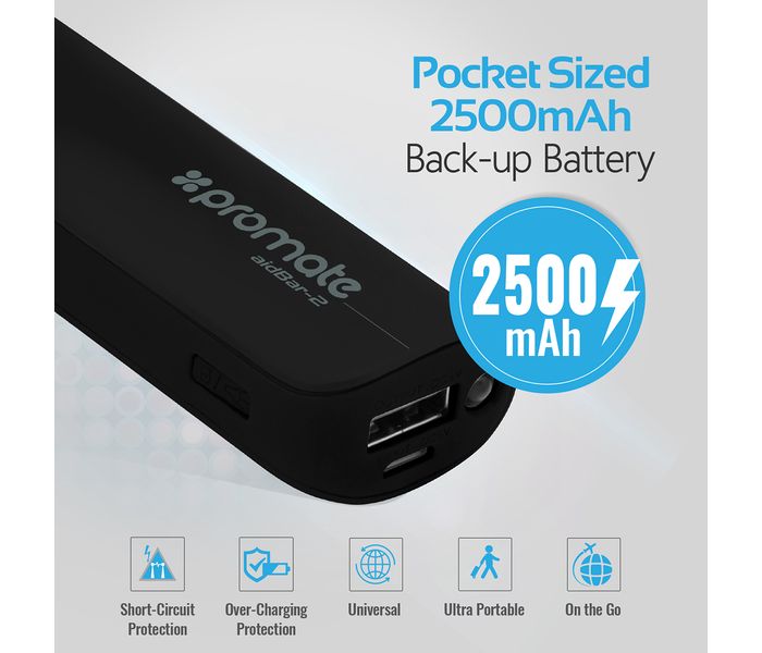 Promate Aid Bar-2 2500 mAh Ultra Compact Universal Power Bank, Black - Zoom Image 1