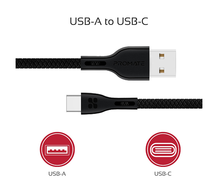 Promate Powerbeam-C USB to USB Type C Fast Charging Cable with Over-Current Protection - 1.2 Metre, Black - Zoom Image 2