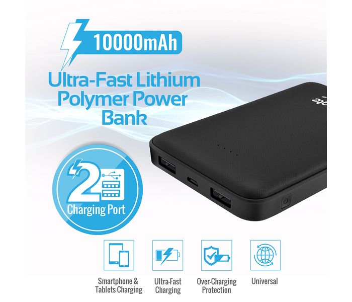 Promate VolTag-10 10000 mAh Compact Portable Charger Power Bank with Dual USB Port, Black - Zoom Image 1