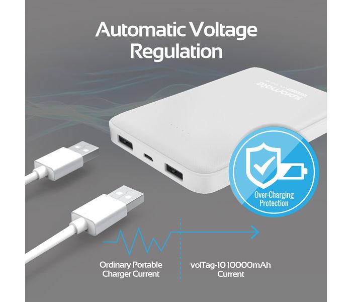 Promate VolTag-10 10000 mAh Compact Portable Charger Power Bank with Dual USB Port, White - Zoom Image 4