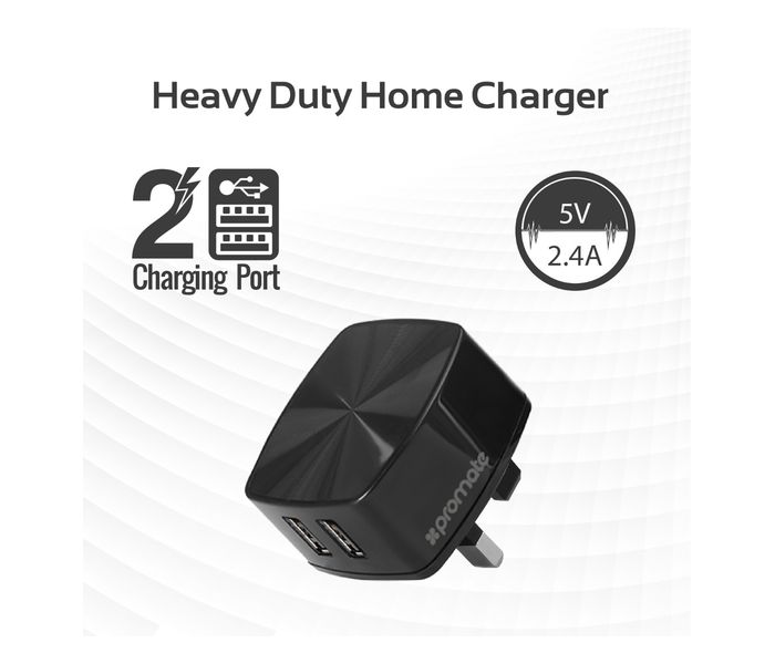 Promate UniCharger.UK Ultra Fast 3 in 1 Dual USB Wall Charger and Car charger , Black - Zoom Image 1