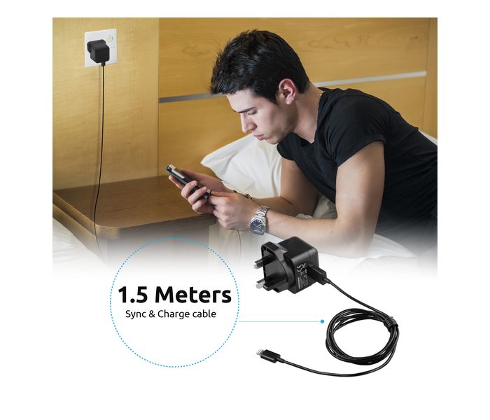 Promate ChargMateLT-UK Premium 2.1A Charger with Lightning Connector, Black - Zoom Image 5