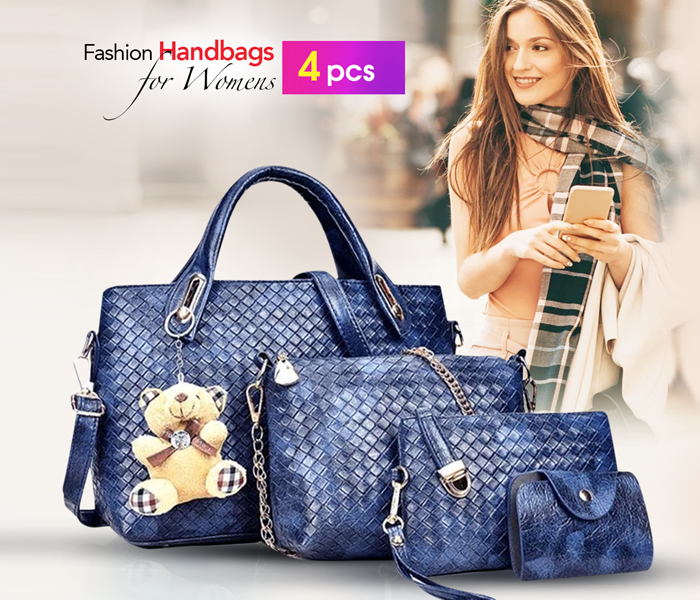 ELLEN AM02 Emboss Plaid Bag Women Luxury 4pc Handbag with Bear - Blue - Zoom Image 1