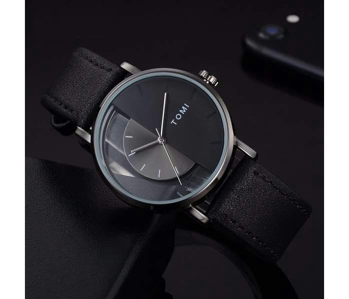 Tomi TM-0802 Maglo Faxes Genuine Quality Leather Band Wrist Watch for Unisex Black - Zoom Image