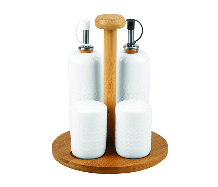 Royalford RF9244 Porcelain Cruet Set with Wooden Stand - 4 Pieces, White - Zoom Image