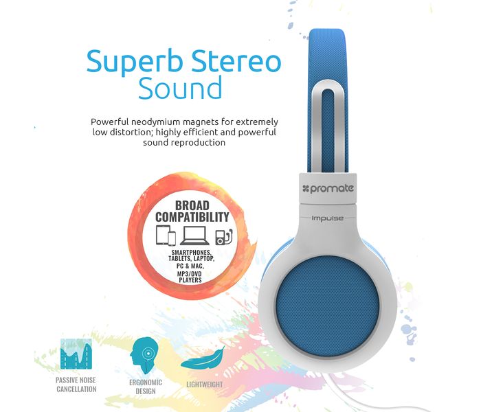 Promate Impulse Kid Friendly On Ear Wired Headset with Noise Cancellation, Blue - Zoom Image 2