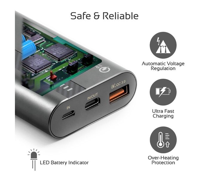 Promate Powertank-10 Portable 10000mAh with Qualcomm QC 3.0 and Over Charging Protection - Grey - Zoom Image 3