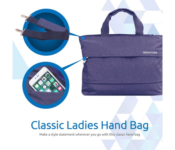 Promate Desire-LD 13 inch Classic Design Laptop Handbag with Multiple Storage Options, Blue - Zoom Image 4