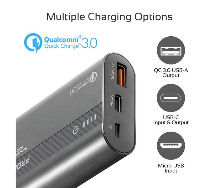 Promate Powertank-10 Portable 10000mAh with Qualcomm QC 3.0 and Over Charging Protection - Grey - Zoom Image 6