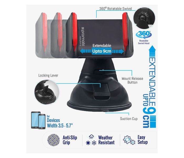 Promate Mount-2 Car Mount Holder for Smartphone and GPS - Red - Zoom Image 5