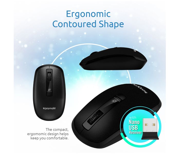 Promate Clix-3 2.4Ghz USB Wireless Ergonomic Mouse with Precision Scrolling, Black - Zoom Image 3