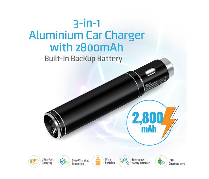 Promate Spark 12V 2 in 1 Aluminum USB Car Charger with Emergency Hammer and Powerbank, Black - Zoom Image 1