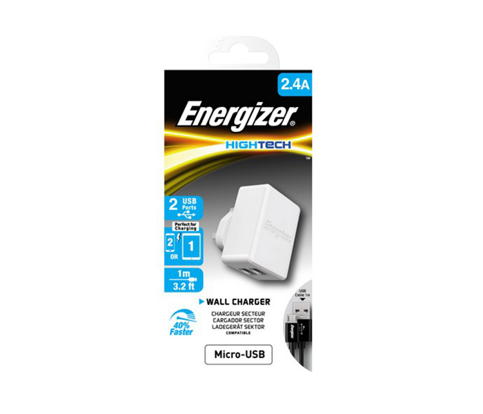 Energizer ACA2CUKULI3 Hightech Universal Wall Charger with 3.4A Dual USB Lightning Cable - White - Zoom Image 1