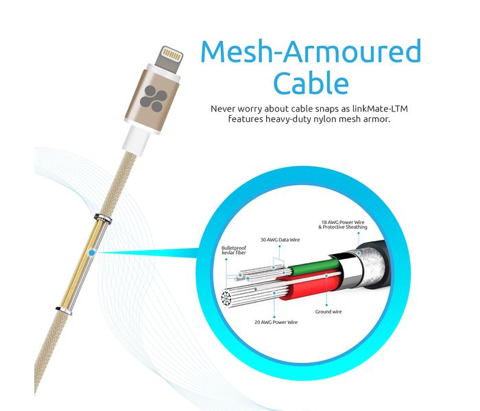 Promate LinkMate-LTM Mesh Sync & Charge MFi Lightning Cable - Gold - Zoom Image 4