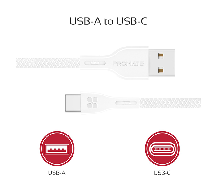 Promate Powerbeam-C USB to USB Type C Fast Charging Cable with Over-Current Protection - 1.2 Metre, White - Zoom Image 2