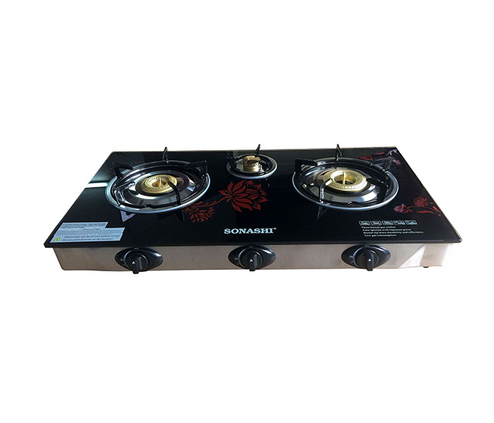 Sonashi SGB-320GFFD Three Burner Gas Stove with Full Safety Glass & Floral - Black - Zoom Image 2