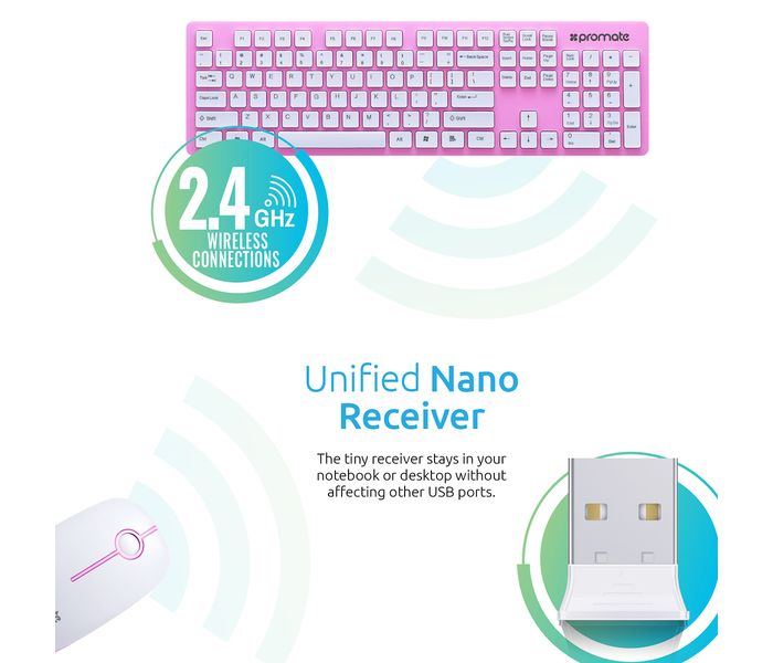 Promate Keymate-2 2.4Ghz Ultra-Slim Arabic Wireless Keyboard and Mouse, Pink - Zoom Image 5