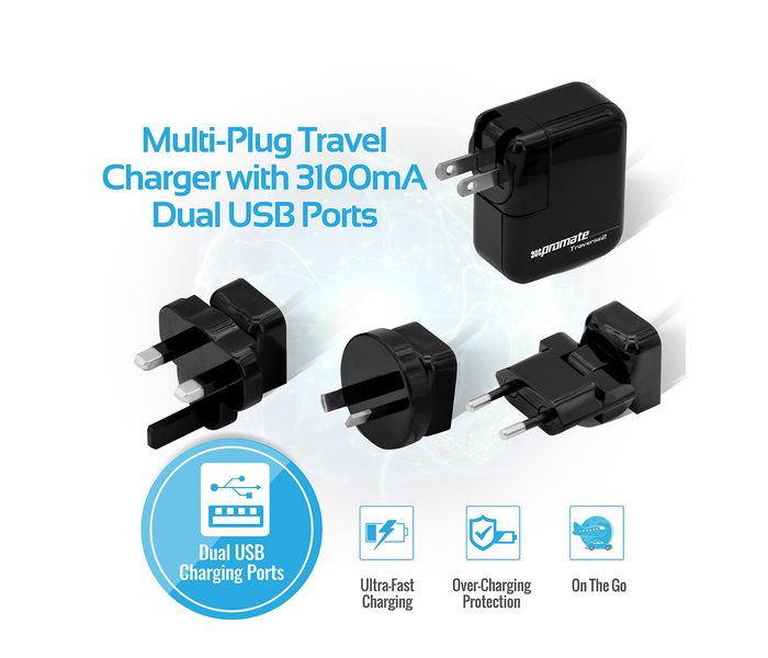 Promate Traverse2 3100mAh Multi Plug Travel Charger with Dual USB Port, Black - Zoom Image 1