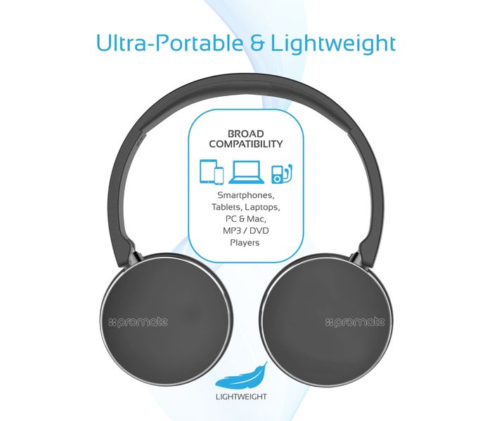 Promate Waves Dynamic Over-Ear Wireless Stereo Headset with Built-In Music Controls, Black - Zoom Image 3