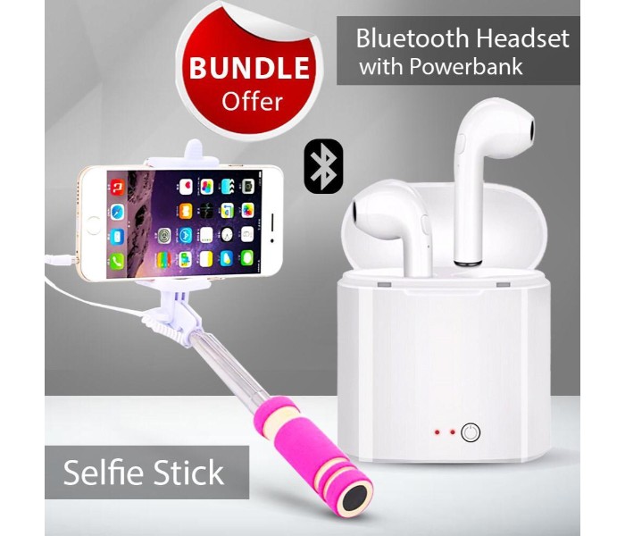 Bundle of Twin Bluetooth Headset with Power bank and Pocket Mini Selfie Stick BHP344 Assorted - Zoom Image 3