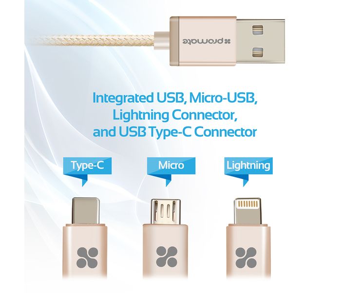 Promate UniLink-Trio 3 in 1 Triple Head Data and Charge Cable with Lightning, Type-C, and Micro-USB Connectors - Gold - Zoom Image 3