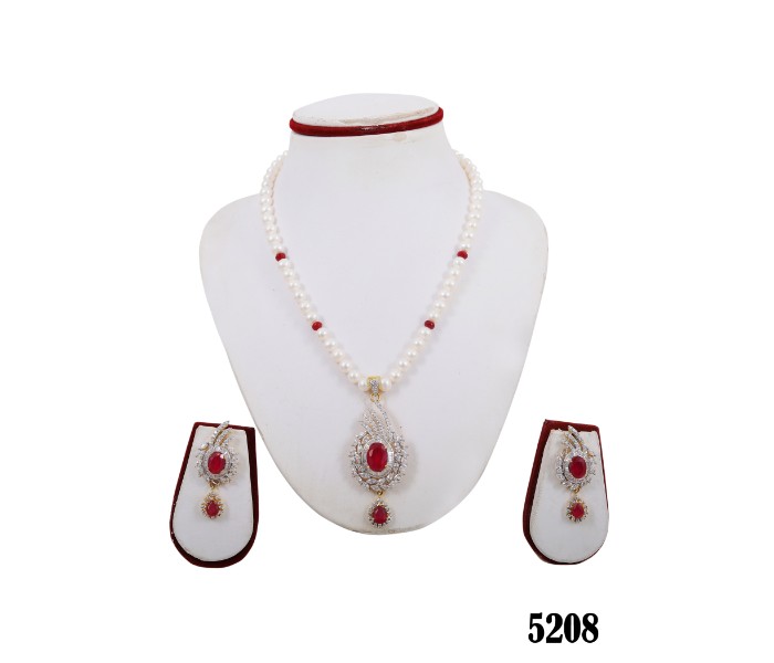 Netra Pearl 5208 Real Pearl with Ruby Pendant Set White and Red - Zoom Image