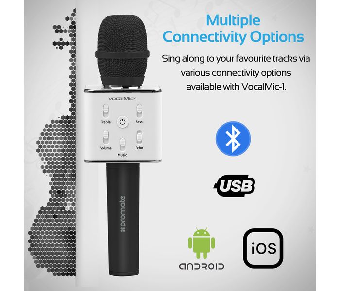 Promate VocalMic-1 Portable Wireless Bluetooth Microphone with Karaoke Player, Black - Zoom Image 1