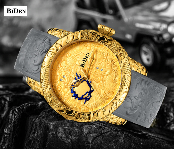 BIDEN 3D Engraved Luxury Silicone Strap Watch For Men - Gold - Zoom Image 3