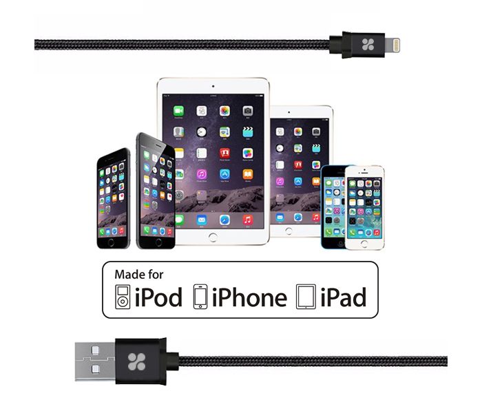 Promate Linkmate-LTF3 Nylon Braided Sync and Charger Cable with Lightning to USB Fast Charging - Black - Zoom Image 3