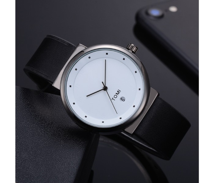 Tomi TM-0914 Maglo Faxes Genuine Quality Leather Band Wrist Watch for Unisex Black - Zoom Image