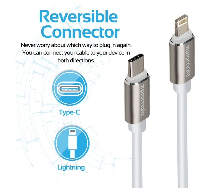 Promate LinkMate-LTC 3.1 Type-C to Lightning Connector Charge and Data Cable - White - Zoom Image 6