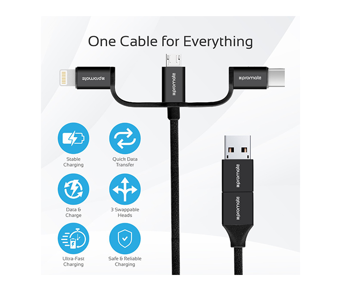 Promate UNILINK-TRIO2 3-in-1 Smart USB Cable for Charging and Data Transfer - Black - Zoom Image 2