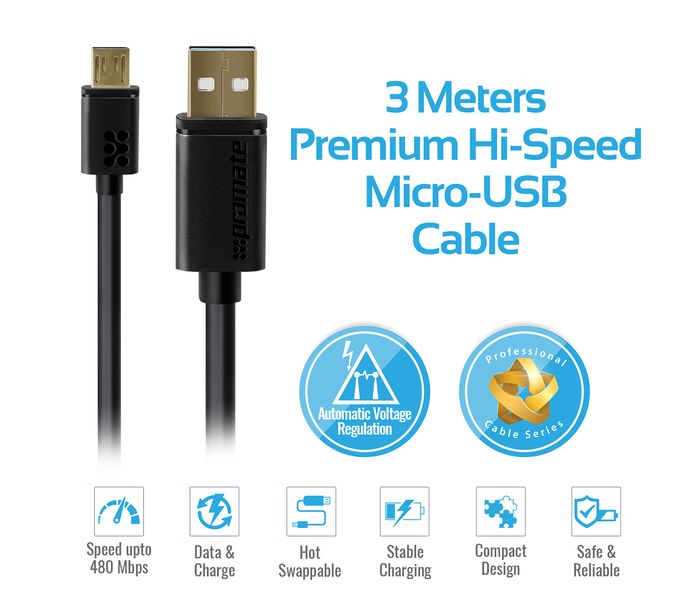 Promate LinkMate-U2L Premium Hi-Speed Micro-USB 2.0 Cable - Black - Zoom Image 2