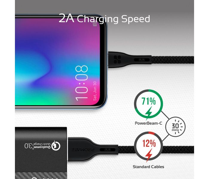 Promate Powerbeam-M Premium 2A Android Fast Charging Micro-USB Cable with Over-Charging Protection - 1.2 Metre, Black - Zoom Image 6