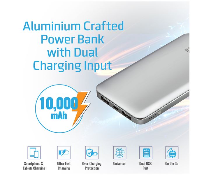 Promate Zenith-10 10000 mAh High Capacity Portable Power Bank with 3.0A Dual USB Output, Silver - Zoom Image 1