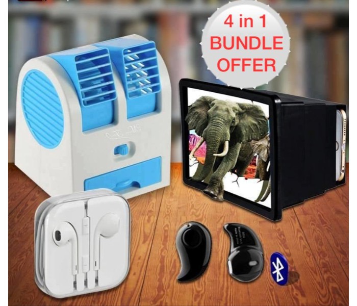 4 In 1 Gift Set of Air Conditioner Portable Cooling Fan, Mobile Phone 3D Screen Magnifier, Wireless Invisible Bluetooth Earbuds and Hansfree with Remote and Mic GSAC41 Assorted - Zoom Image 5