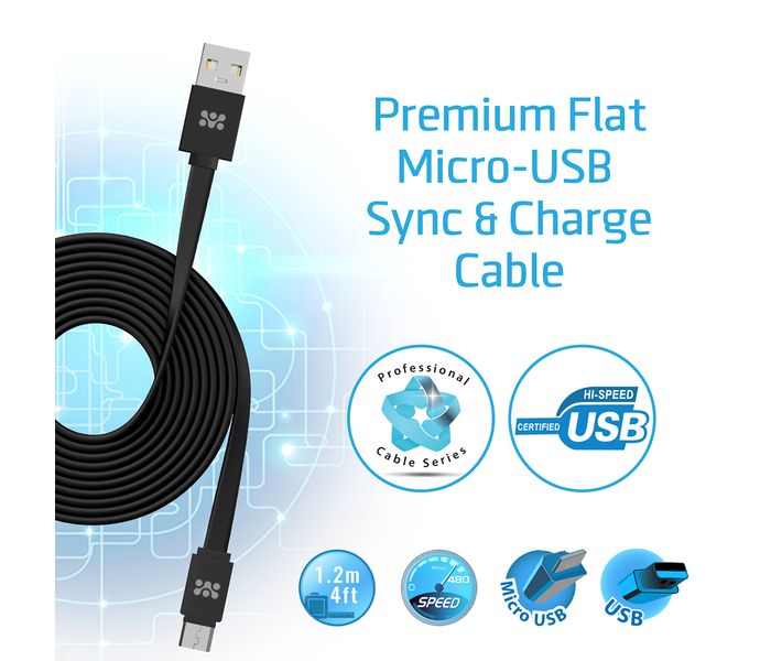 Promate LinkMate-U2F Premium Flat Micro-USB Sync & Charge Cable - Black - Zoom Image 1