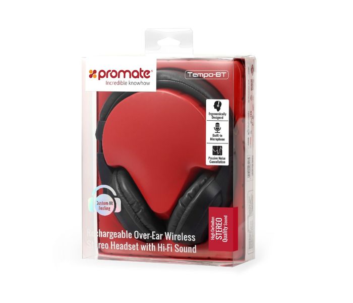 Promate Tempo-Bt 2-In-1 Rechargeable Over-Ear Wireless and Wired Stereo Headset with Microphone, Black - Zoom Image 6