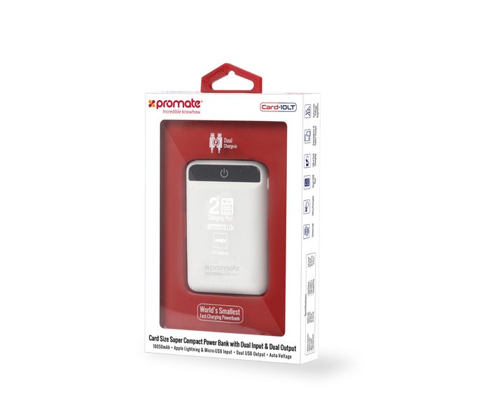 Promate Card-10LT 10050 mAh Fast Charging Power Bank with 2.1A Dual USB Port, White - Zoom Image 8