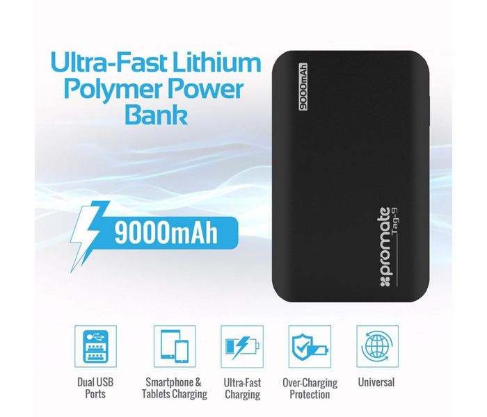 Promate Tag-9 9000 mAh Portable Charger Power Bank with Dual USB Port 4.2A Output, Black - Zoom Image 1