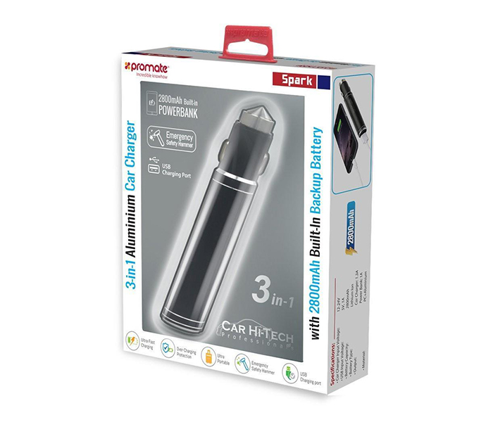 Promate SPARK 3-in-1 Aluminium Car Charger with 2800mah Built-In Backup Battery - Black - Zoom Image 5