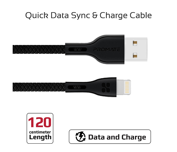 Promate Powerbeam-i Lightning to USB-A Charging Cable - 1.2 Metre, Black - Zoom Image 1