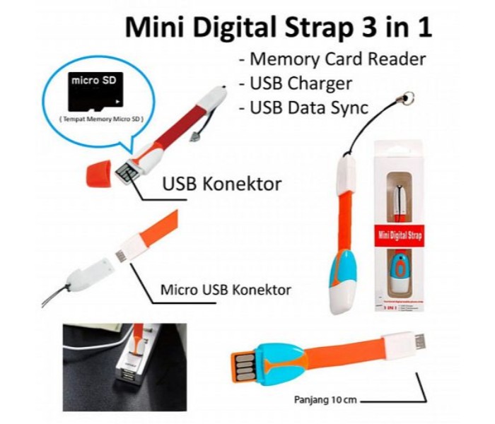 Mini Digital Strap 3 in 1 Memory Card Reader, USB Charger and Data Sync CUD898 Multicolor - Zoom Image 4