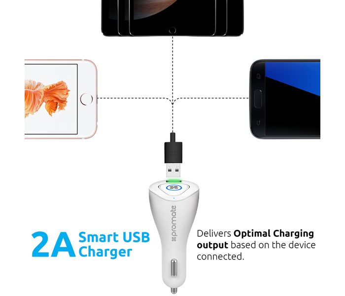 Promate Aria 2A Usb Car Charger with Magnetic Charging Station and Mini Bluetooth Headphone, White - Zoom Image 7