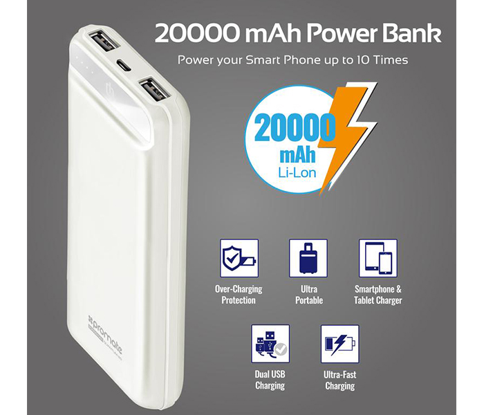 Promate QUANTUM-20 Ultra-Compact 20000mAh High Capacity Power Bank with Dual USB Ports - White - Zoom Image 1